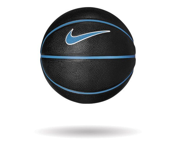 A black Nike basketball with blue accents floats against a white background.