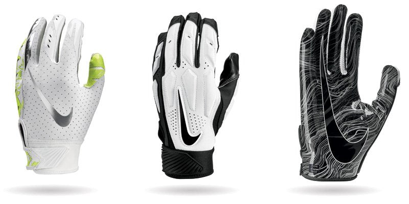 Three Nike football gloves, each with a different design, are shown against a white background.